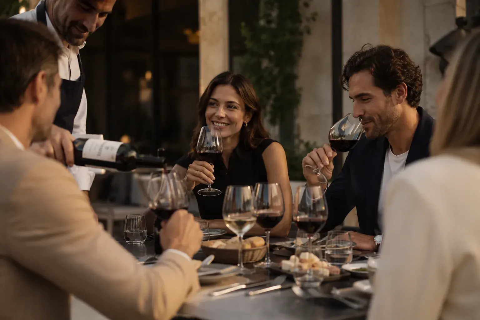 A sommelier pours red wine for well-dressed guests at a candlelit outdoor table
