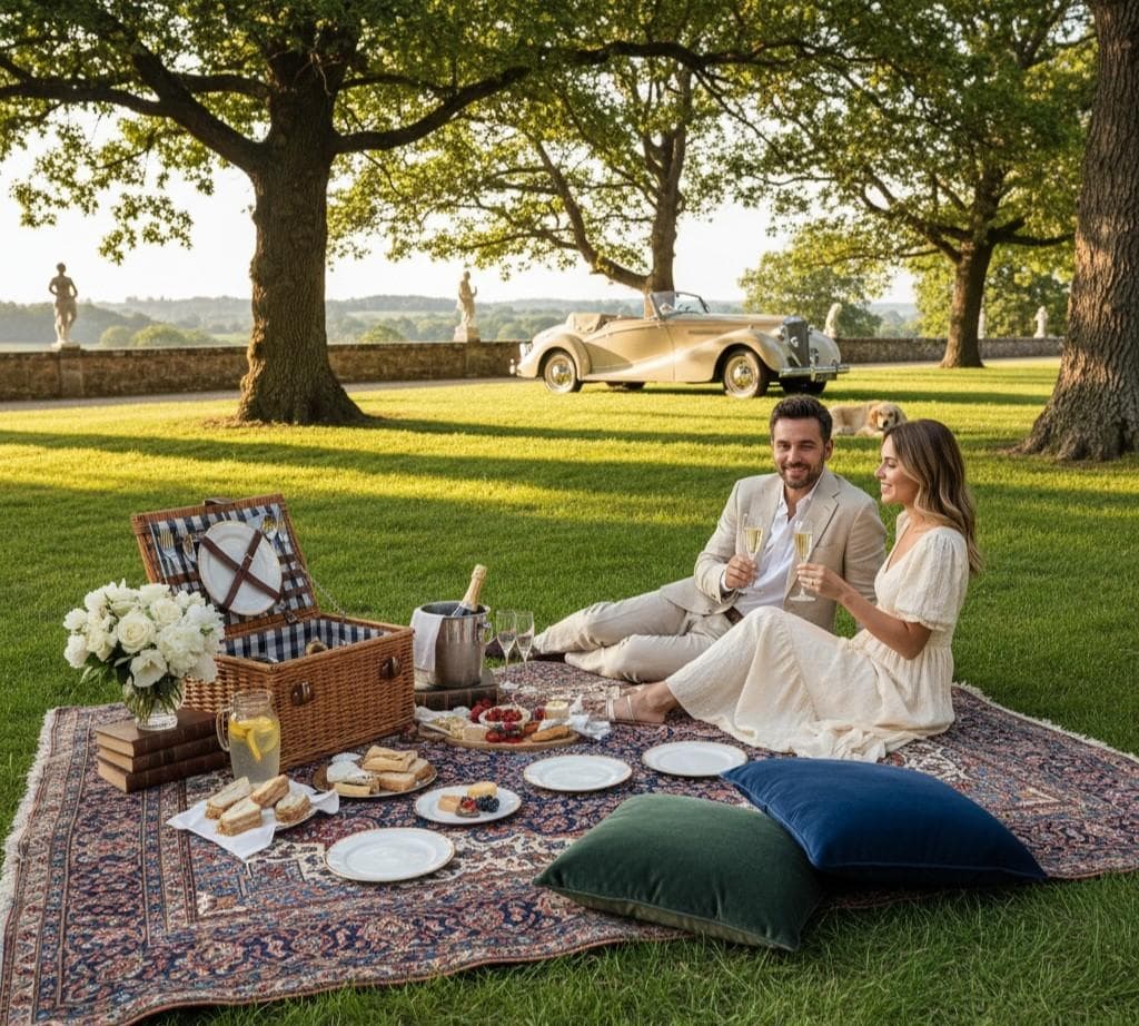 A couple sharing sparkling wine on a picnic blanket in front of a vintage convertible on a country lawn
