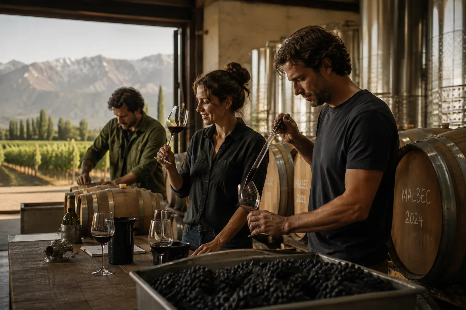 Winemakers tasting from the barrel in a cellar, stainless tanks and a sunlit vineyard through the open door
