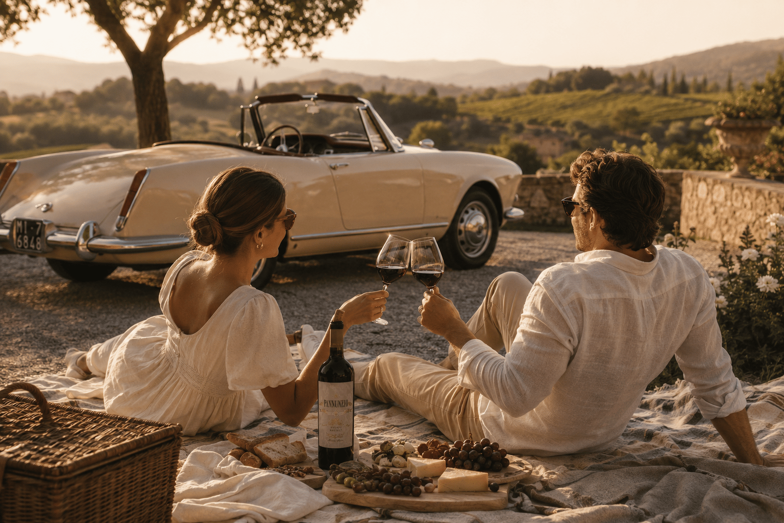 Een stel proost met rode wijn tijdens een picknick in het gouden avondlicht naast een klassieke cabriolet, met wijngaarden op de achtergrond