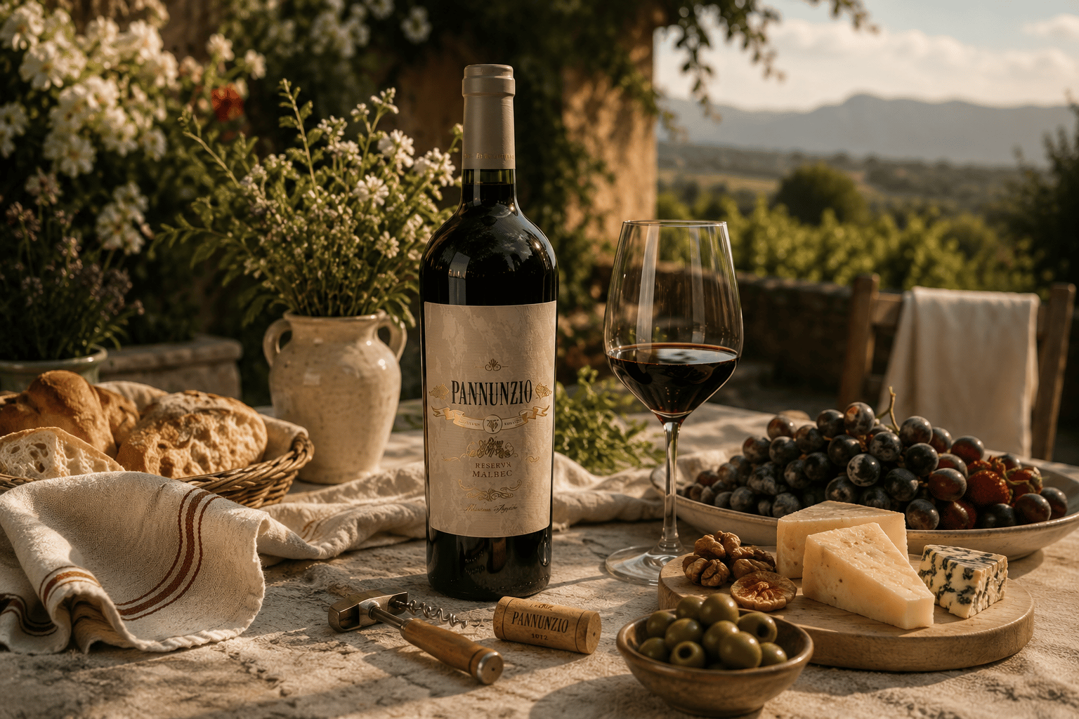 Een fles Pannunzio Reserva Malbec op een buitentafel met brood, kaas en druiven, met wijngaarden op de achtergrond