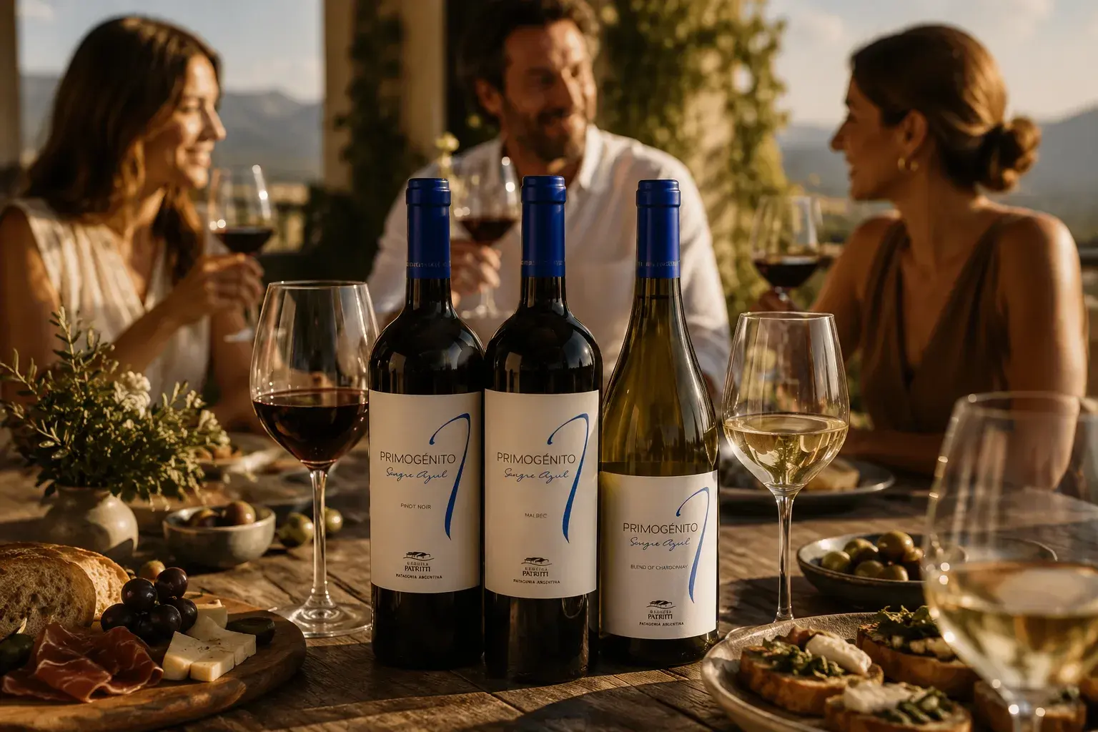 Three Primogénito Sangre Azul bottles on an outdoor table with charcuterie and guests at golden hour, mountains behind